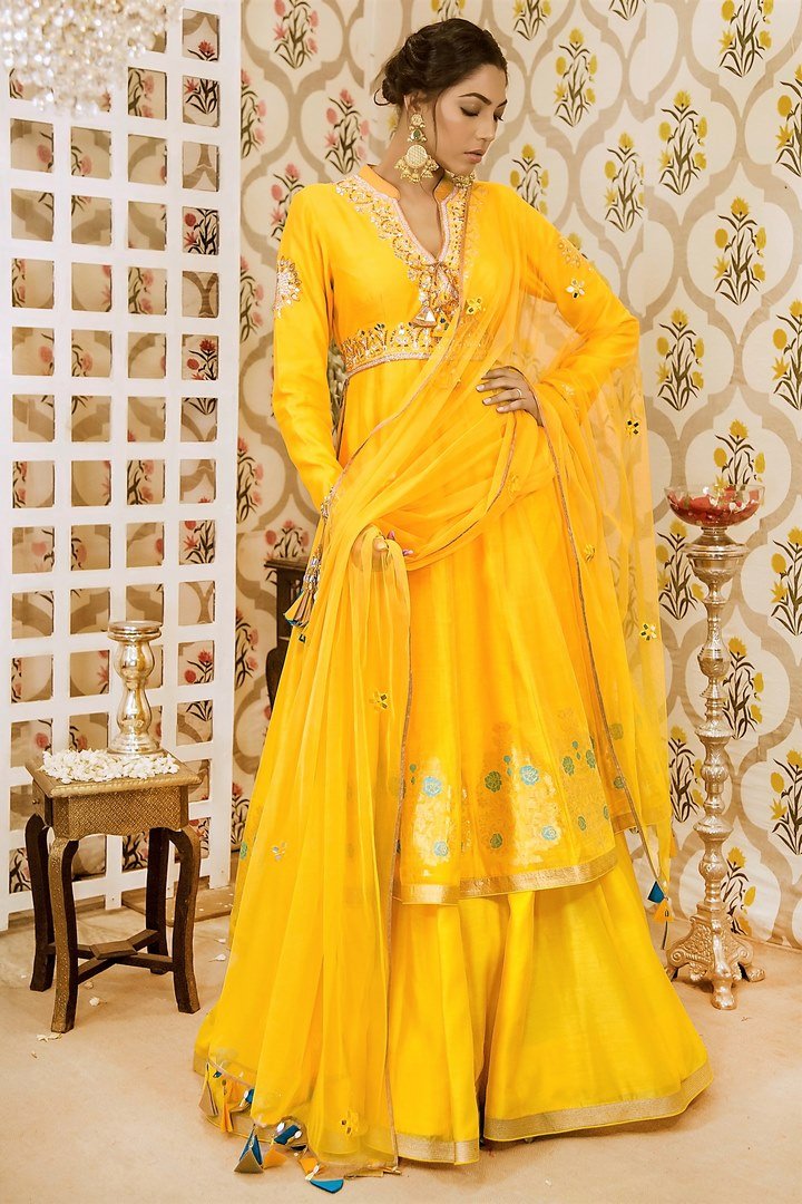 Buy yellow aqua embroidered chanderi kurta with skirt online in USA and embroidered dupatta. Keep your wardrobe updated with a range of stylish Indian designer suits from Pure Elegance fashion store in USA. A stylish range of Indian clothing, handwoven sarees, pure silk sarees is available at our online store to elevate your style.-full view