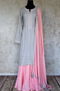Shop grey and pink cotton silk palazzo suit online in USA with badla work and dupatta. Make fashionable choices with latest Indian designer clothing from Pure Elegance Indian fashion store in USA. Shop Indian salwar suits, designer Anarkali suits and bridal lehengas for Indian brides in USA from our online store.-full view