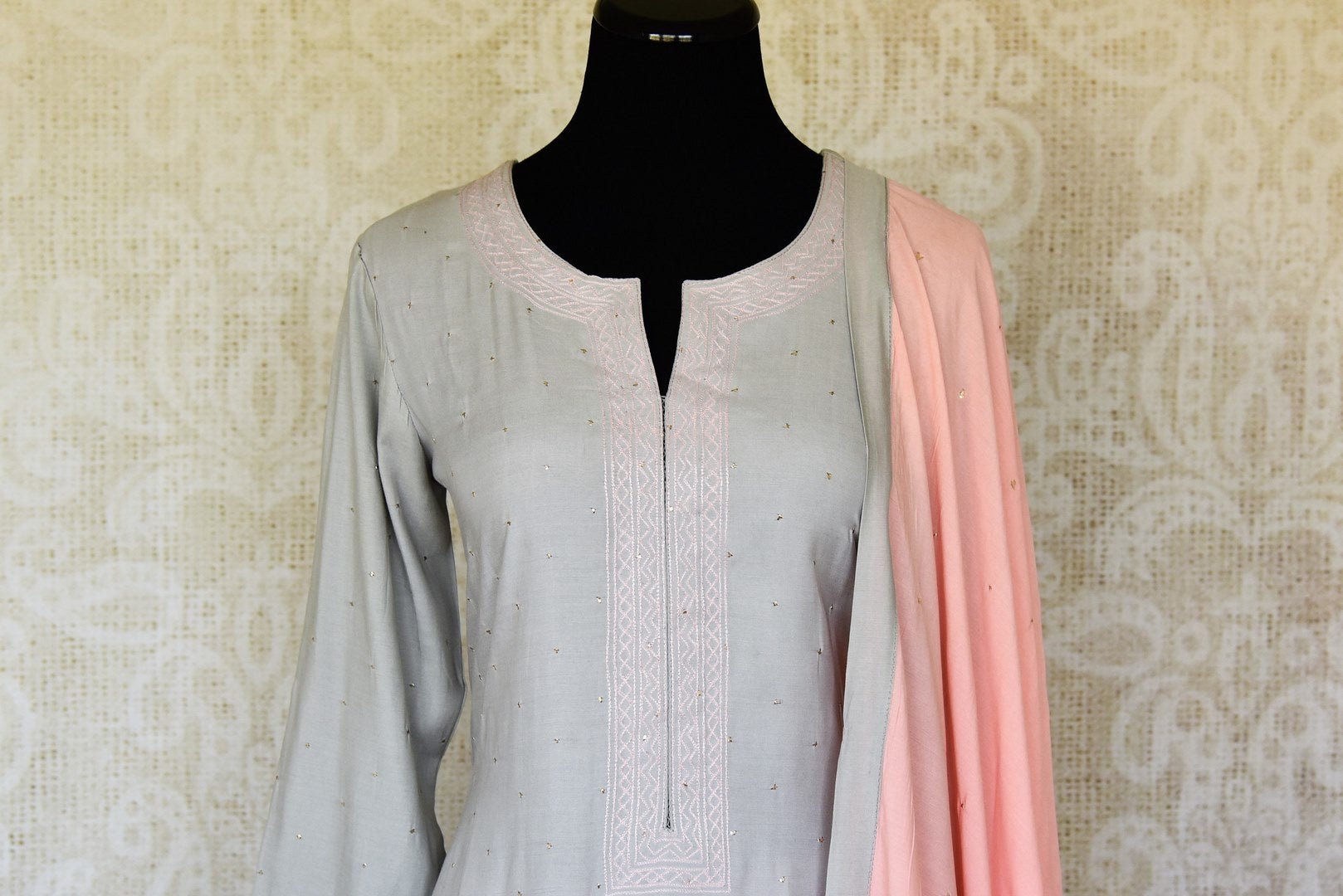 Shop grey and pink cotton silk palazzo suit online in USA with badla work and dupatta. Make fashionable choices with latest Indian designer clothing from Pure Elegance Indian fashion store in USA. Shop Indian salwar suits, designer Anarkali suits and bridal lehengas for Indian brides in USA from our online store.-front