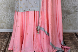 Shop grey and pink cotton silk palazzo suit online in USA with badla work and dupatta. Make fashionable choices with latest Indian designer clothing from Pure Elegance Indian fashion store in USA. Shop Indian salwar suits, designer Anarkali suits and bridal lehengas for Indian brides in USA from our online store.-palazzo