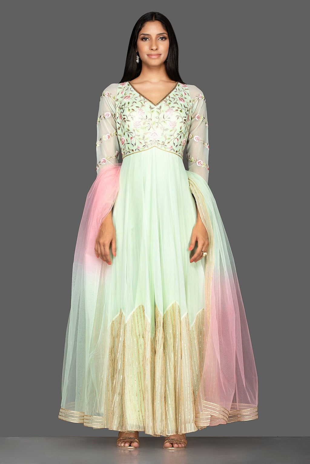 Buy mint green embroidered net floorlength Anarkali online in USA with dupatta. Spread ethnic elegance on weddings and special occasions in splendid designer lehengas, Anarkali suits crafted with exquisite Indian craftsmanship from Pure Elegance Indian fashion store in USA.-full view