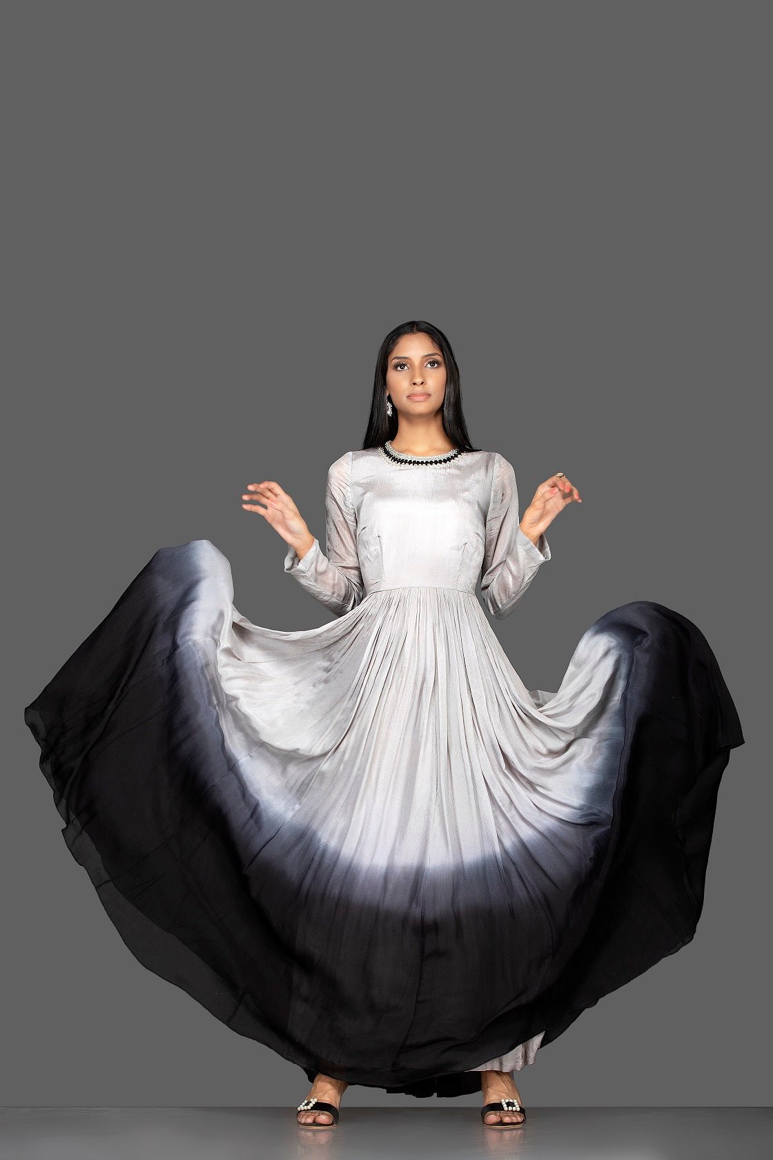 Buy elegant ombre grey embroidered georgette gown online in USA. Flaunt your extraordinary fashion sense with stunning Indian dresses, designer Anarkali suits from Pure Elegance Indian fashion store in USA.-full view