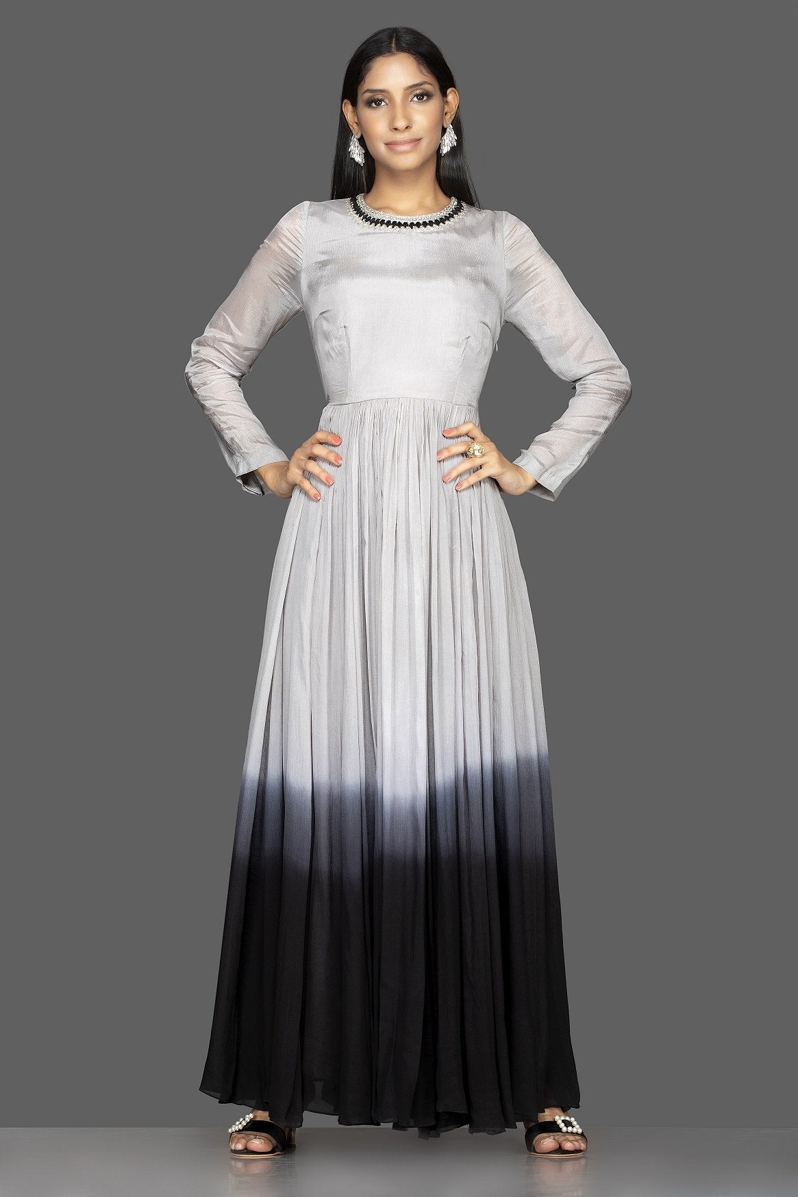 Buy elegant ombre grey embroidered georgette gown online in USA. Flaunt your extraordinary fashion sense with stunning Indian dresses, designer Anarkali suits from Pure Elegance Indian fashion store in USA.-front