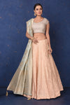 Buy stunning peach and grey embroidered designer lehenga online in USA with dupatta, Be the center of attraction on festive occasions in beautiful designer suits, dresses, lehengas, designer gowns, from Pure Elegance Indian fashion store in USA.-full view