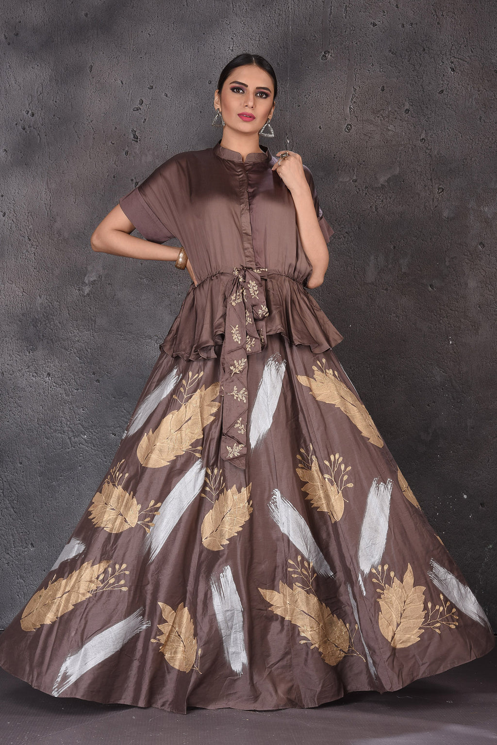 Shop stunning brown printed skirt set online in USA. Look elegant at weddings and festive occasions in exclusive designer suits, designer gowns, Anarkali suits, sharara suits, bridal gowns, palazzo suits, designer lehenga from Pure Elegance Indian clothing store in USA.-full view