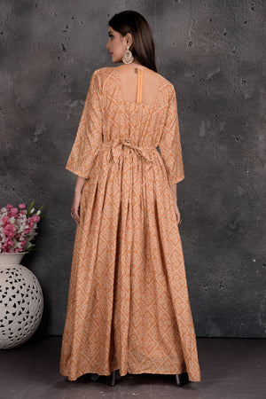 Shop stunning beige bandhej print jumpsuit online in USA. Set a fashion statement at parties in designer Indian dresses, Anarkali suits, designer lehengas, gowns, Indowestern dresses from Pure Elegance Indian fashion store in USA.-back