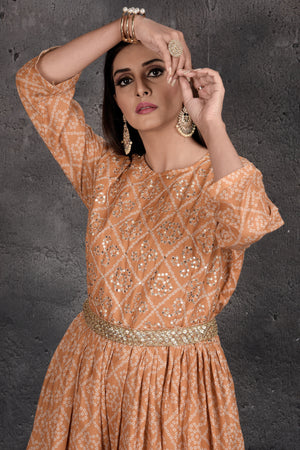 Shop stunning beige bandhej print jumpsuit online in USA. Set a fashion statement at parties in designer Indian dresses, Anarkali suits, designer lehengas, gowns, Indowestern dresses from Pure Elegance Indian fashion store in USA.-closeup