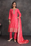 Buy beautiful pink embroidered pant suit online in USA with matching dupatta. Set a fashion statement at parties in designer dresses, Anarkali suits, designer lehengas, gowns, Indowestern dresses from Pure Elegance Indian fashion store in USA.-full view