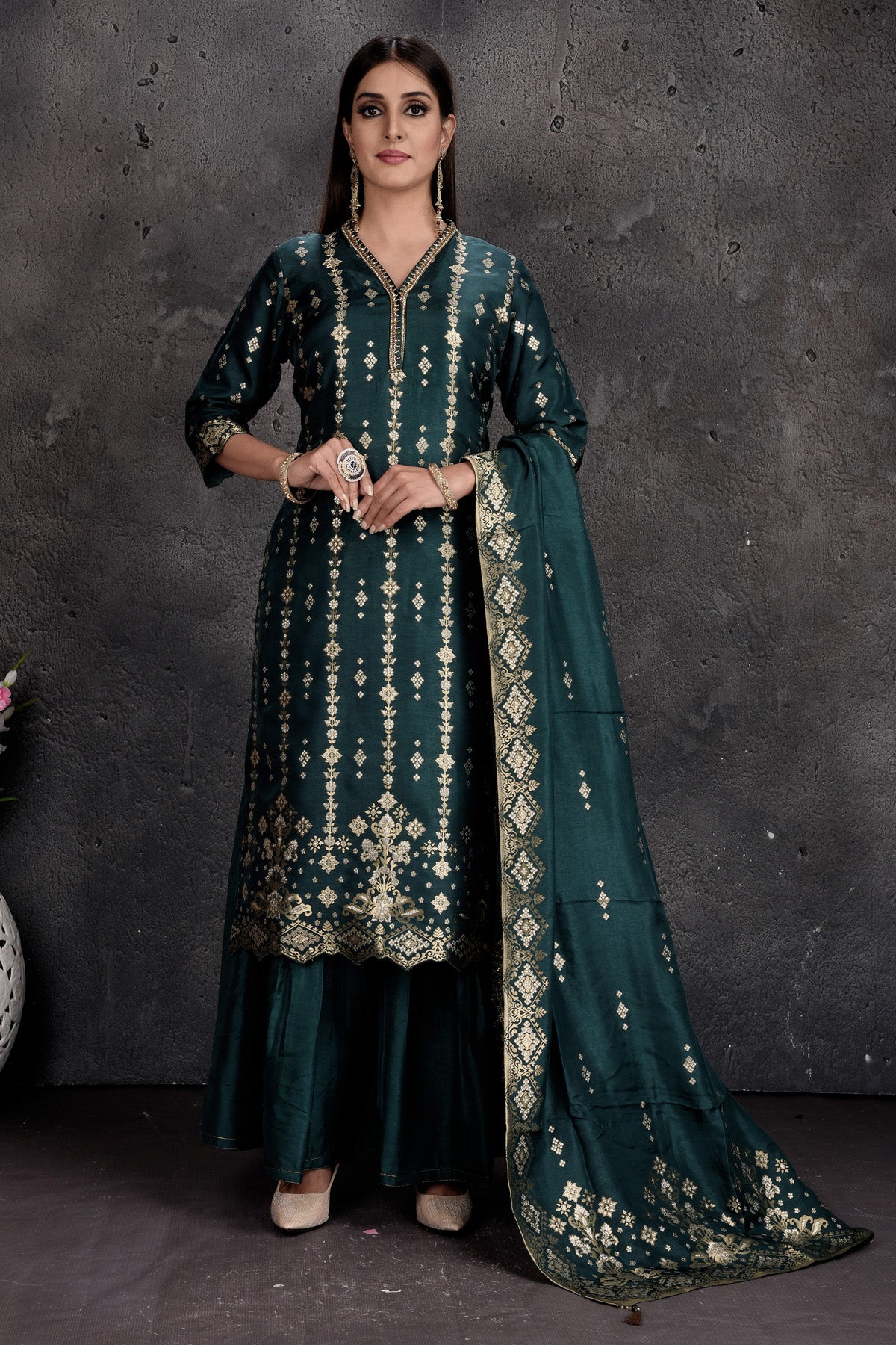 Buy Dark Green Embroidered Palazzo Suit Online in USA with Dupatta Pure Elegance