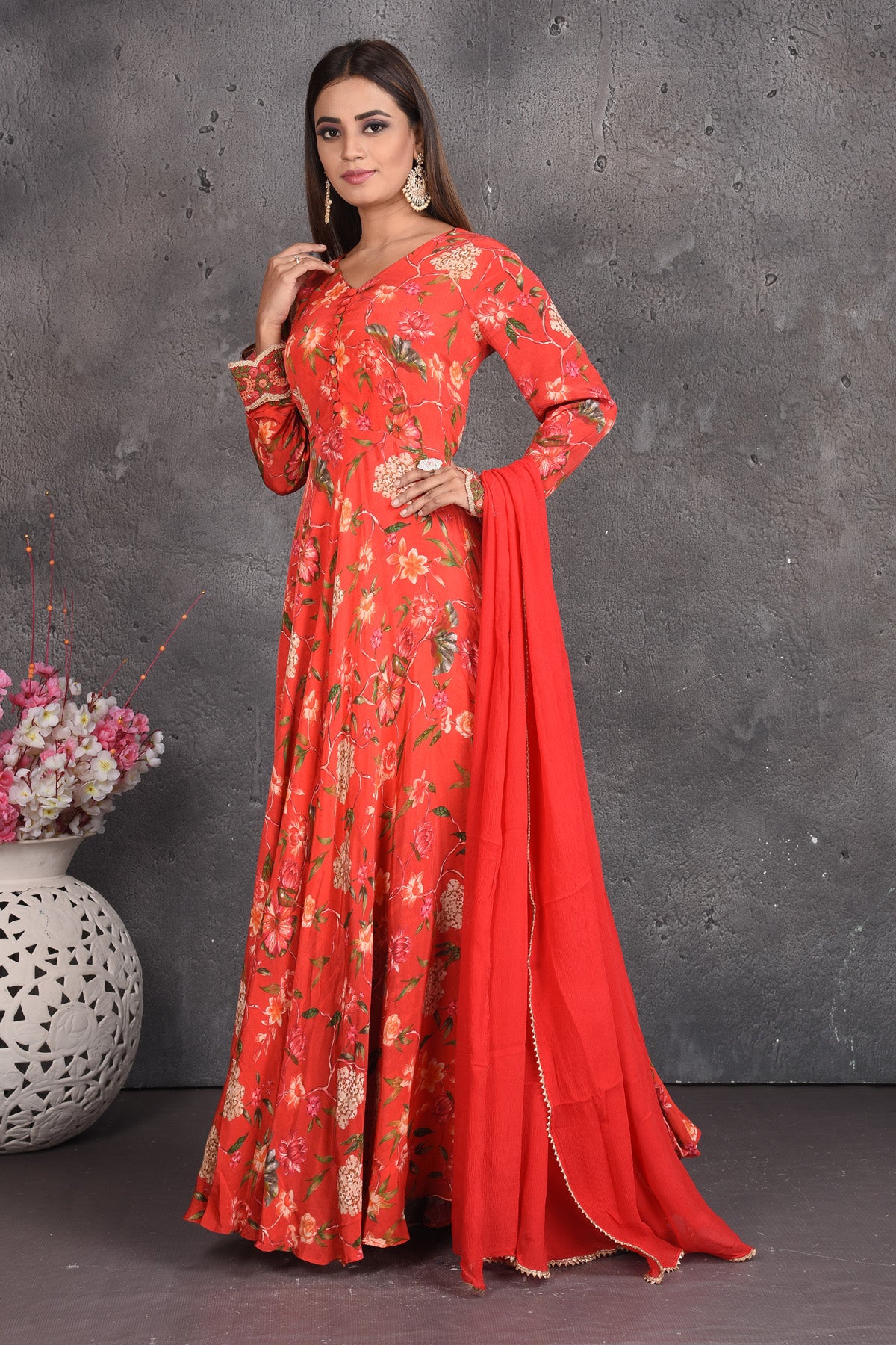 Buy Red Mono Net Embroidered Anarkali Suit | Anarkali Suits