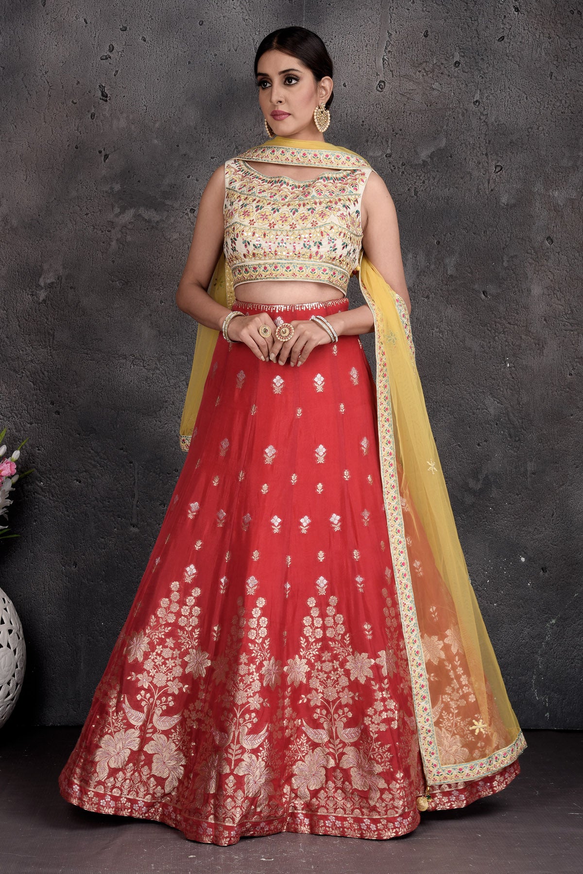 Tuscan yellow lehenga with draped dupatta paired with red blouse only on  Kalki