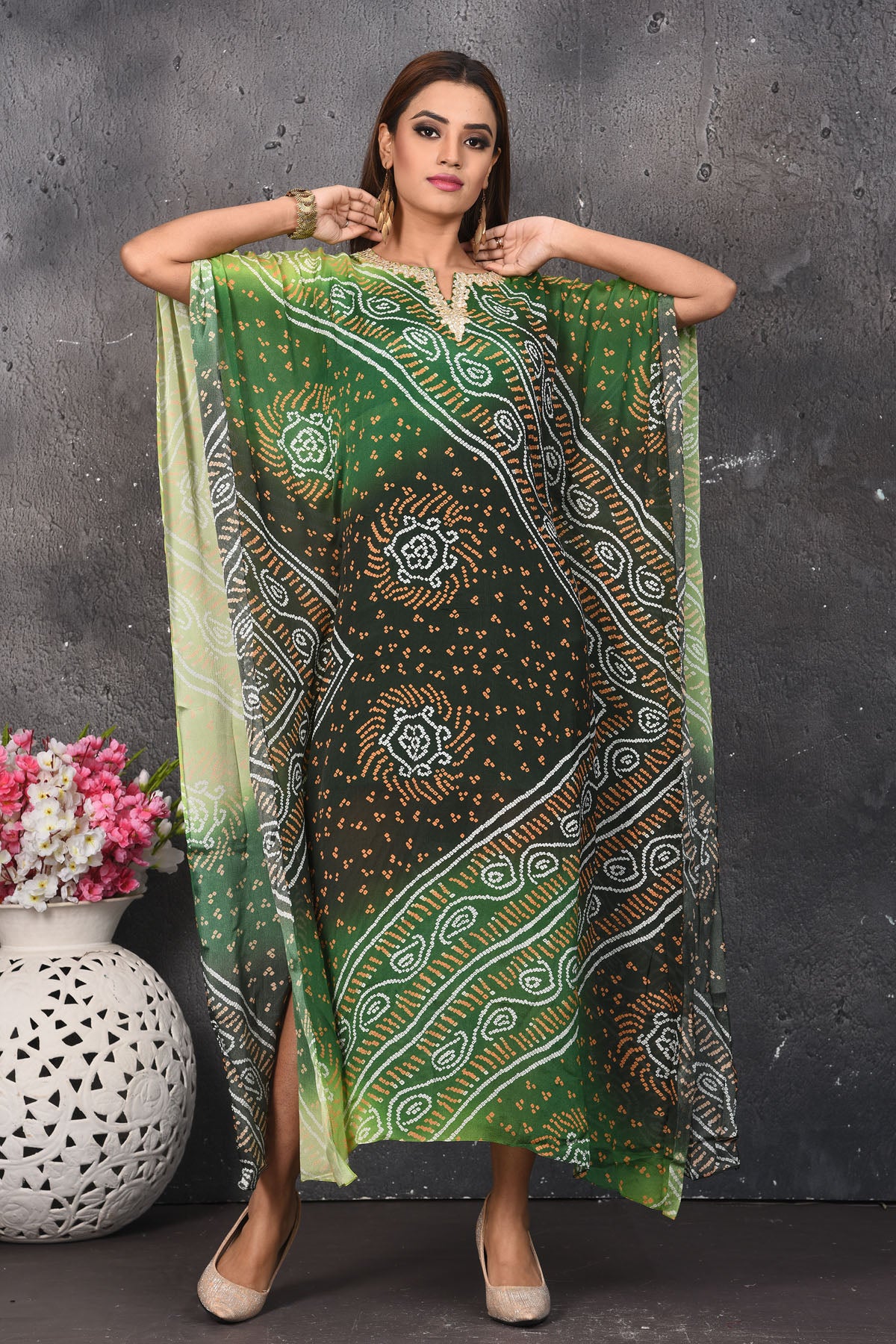 Shop Mehendi and Parrot Green Bandhej Kaftaan Dress Online in USA – Pure  Elegance