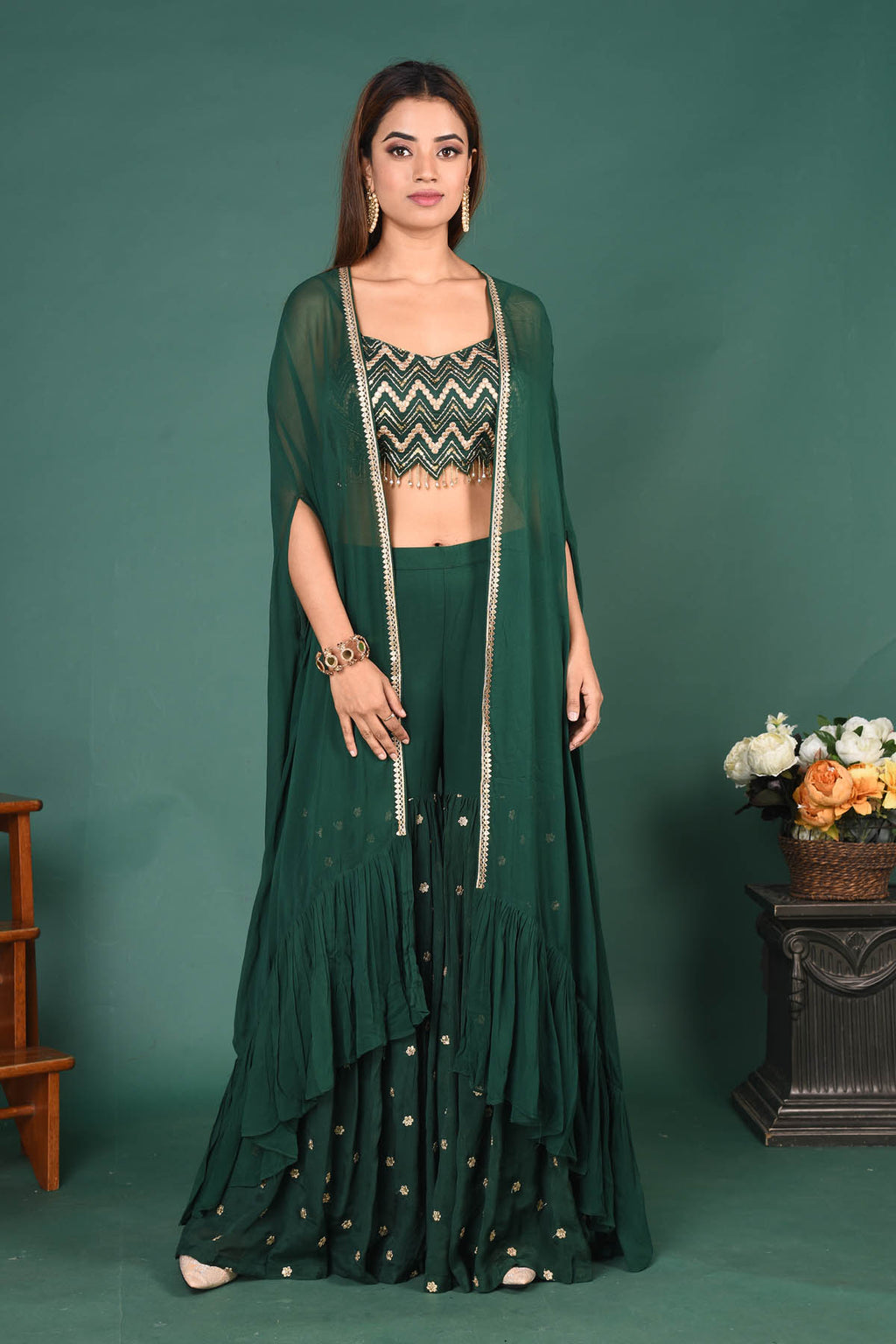 Shop stunning dark green embellished crop top online in USA with palazzo and dupatta. Flaunt your sartorial choice on special occasions in stunning designer lehengas, Indian dresses, Anarkali suits, sharara suits, wedding gowns from Pure Elegance Indian fashion store in USA.-full view