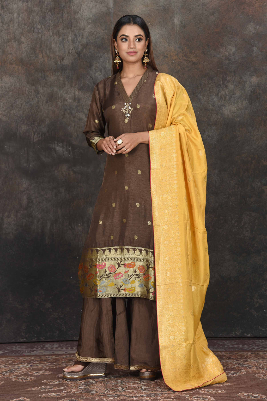 Buy beautiful brown palazzo suit online in USA with yellow dupatta. Dazzle at sangeet and wedding occasions in this beautiful designer lehengas, Anarkali suits, sharara suit, bridal gowns, bridal lehengas from Pure Elegance Indian fashion store in USA.-full view