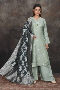 Shop beautiful sage green palazzo suit online in USA with Banarasi dupatta. Dazzle at sangeet and wedding occasions in this beautiful designer lehengas, Anarkali suits, sharara suit, bridal gowns, bridal lehengas from Pure Elegance Indian fashion store in USA.-full view