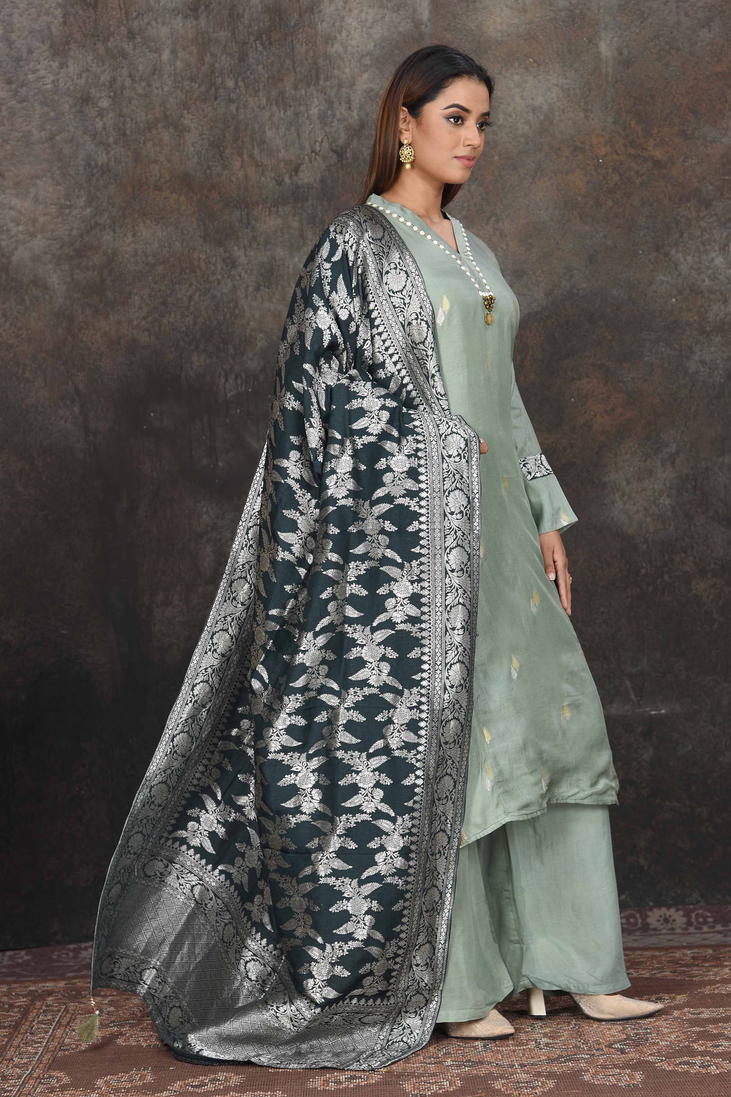 Shop beautiful sage green palazzo suit online in USA with Banarasi dupatta. Dazzle at sangeet and wedding occasions in this beautiful designer lehengas, Anarkali suits, sharara suit, bridal gowns, bridal lehengas from Pure Elegance Indian fashion store in USA.-right