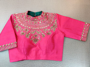 Shop stunning bright pink embroidered designer sari blouse online in USA. Elevate your Indian ethnic sari looks with exquisite readymade saree blouse, embroidered saree blouses, Banarasi sari blouse, designer saree blouse from Pure Elegance Indian clothing store in USA.-front