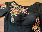 Shop beautiful black embroidered readymade saree blouse online in USA. Elevate your ethnic saree style with a tasteful collection of designer saree blouses, embroidered sari blouses, Banarasi blouses, silk saree blouse from Pure Elegance Indian clothing store in USA.-full view