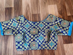 Buy stunning dark blue Banarasi saree blouse online in USA with blue frill sleeves. Elevate your Indian saree style with exquisite readymade saree blouses, embroidered saree blouses, Benarasi saree blouse, fancy saree blouse from Pure Elegance Indian clothing store in USA.-front