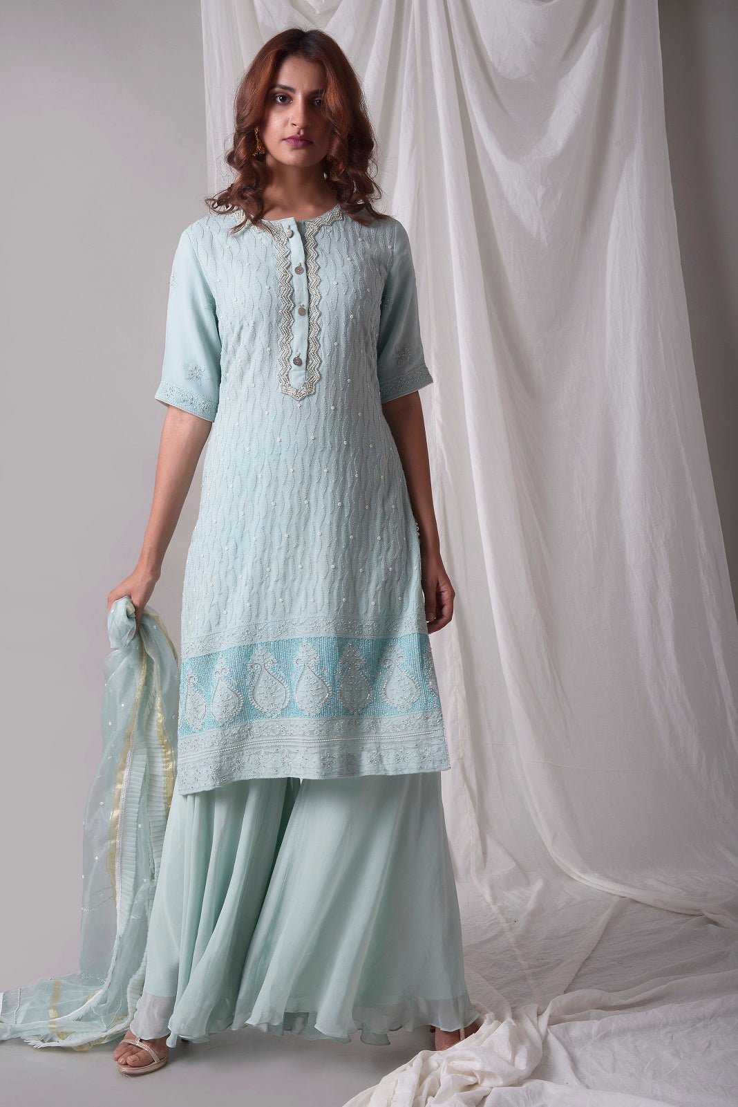 Buy sky blue georgette suit online in USA with palazzo and dupatta. Be the talk of parties and weddings with exquisite designer gowns, Indian suits, Anarkali dresses, Indo-western dresses from Pure Elegance Indian clothing store in USA .Shop online now.-full view-2