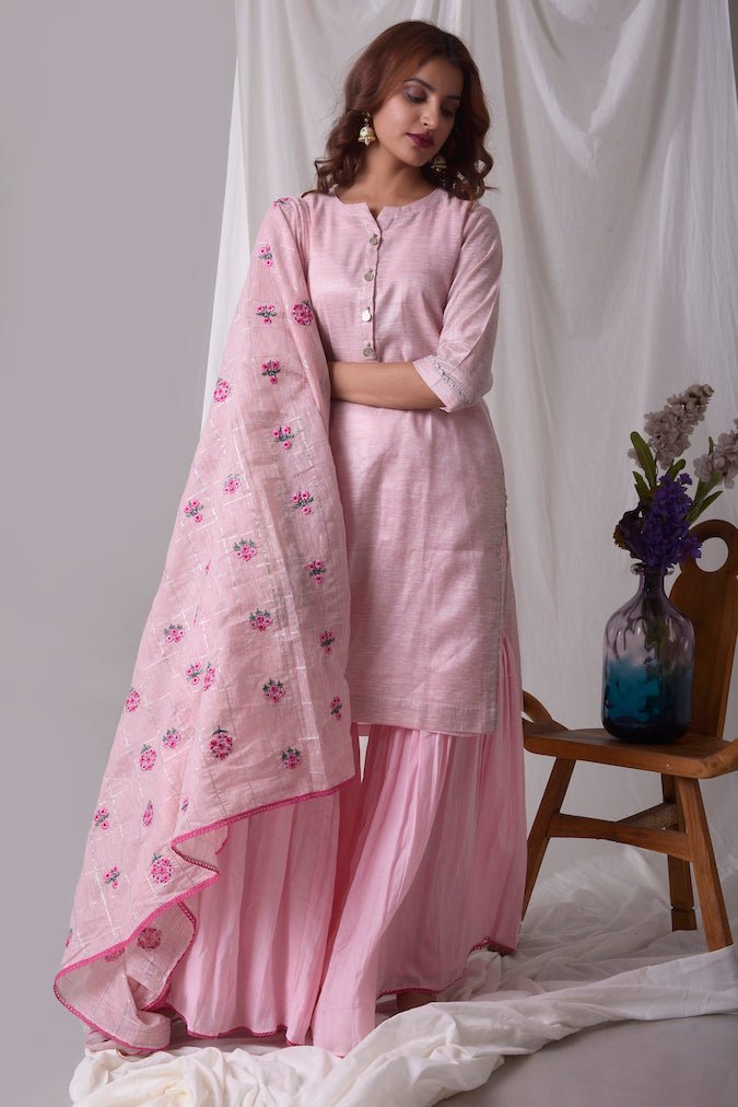 Pink Cotton Linen Suit With Palazzo And Duppatta Online in USA-full view