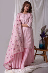 Pink Cotton Linen Suit With Palazzo And Duppatta Online in USA-full view