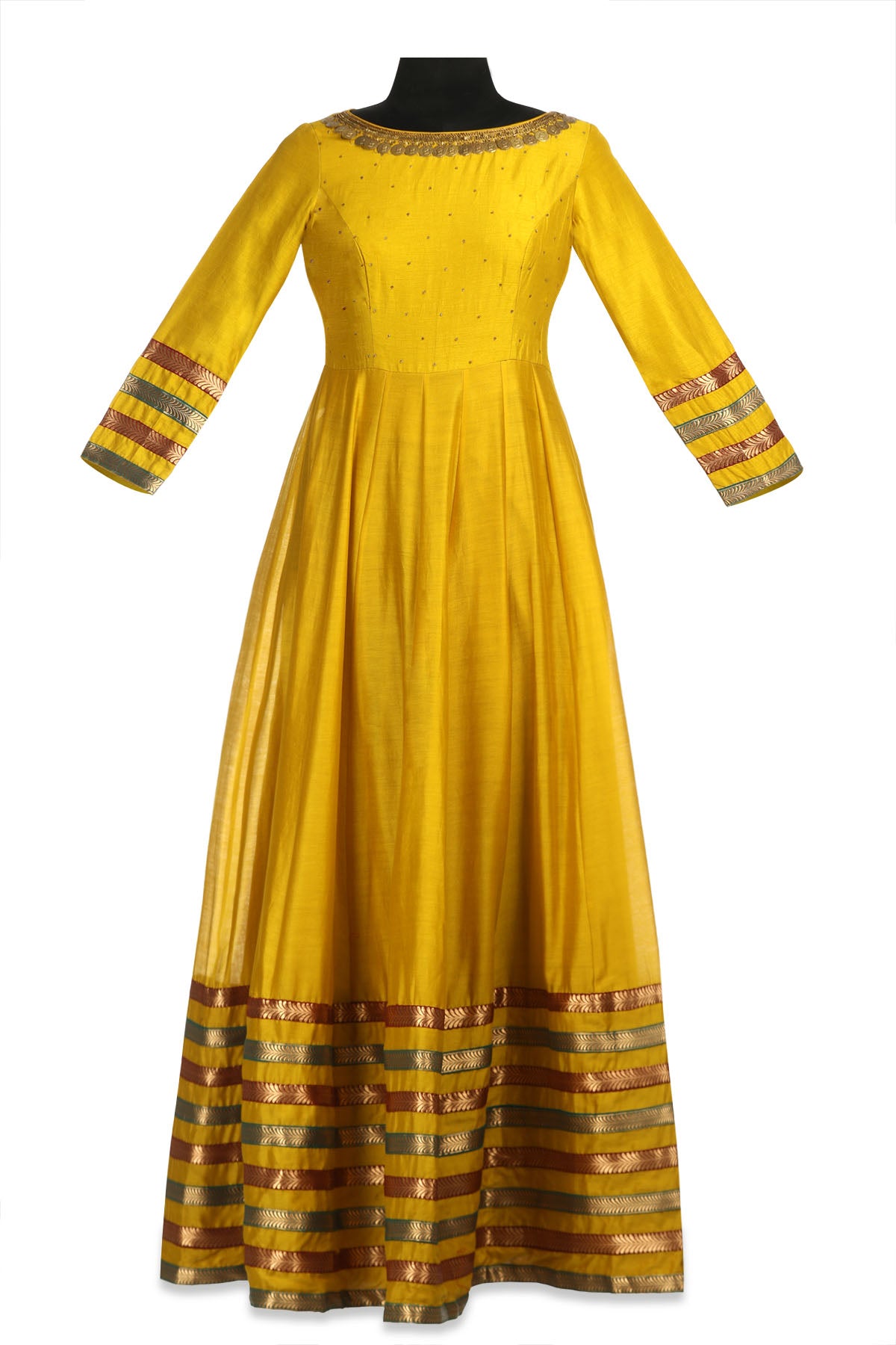 Shop beautiful yellow embroidered chanderi Anarkali online in USA with lace borders. Shine at weddings and special occasions with beautiful Indian designer Anarkali suits, traditional salwar suits, sharara suits, designer lehengas from Pure Elegance Indian clothing store in USA.-full view