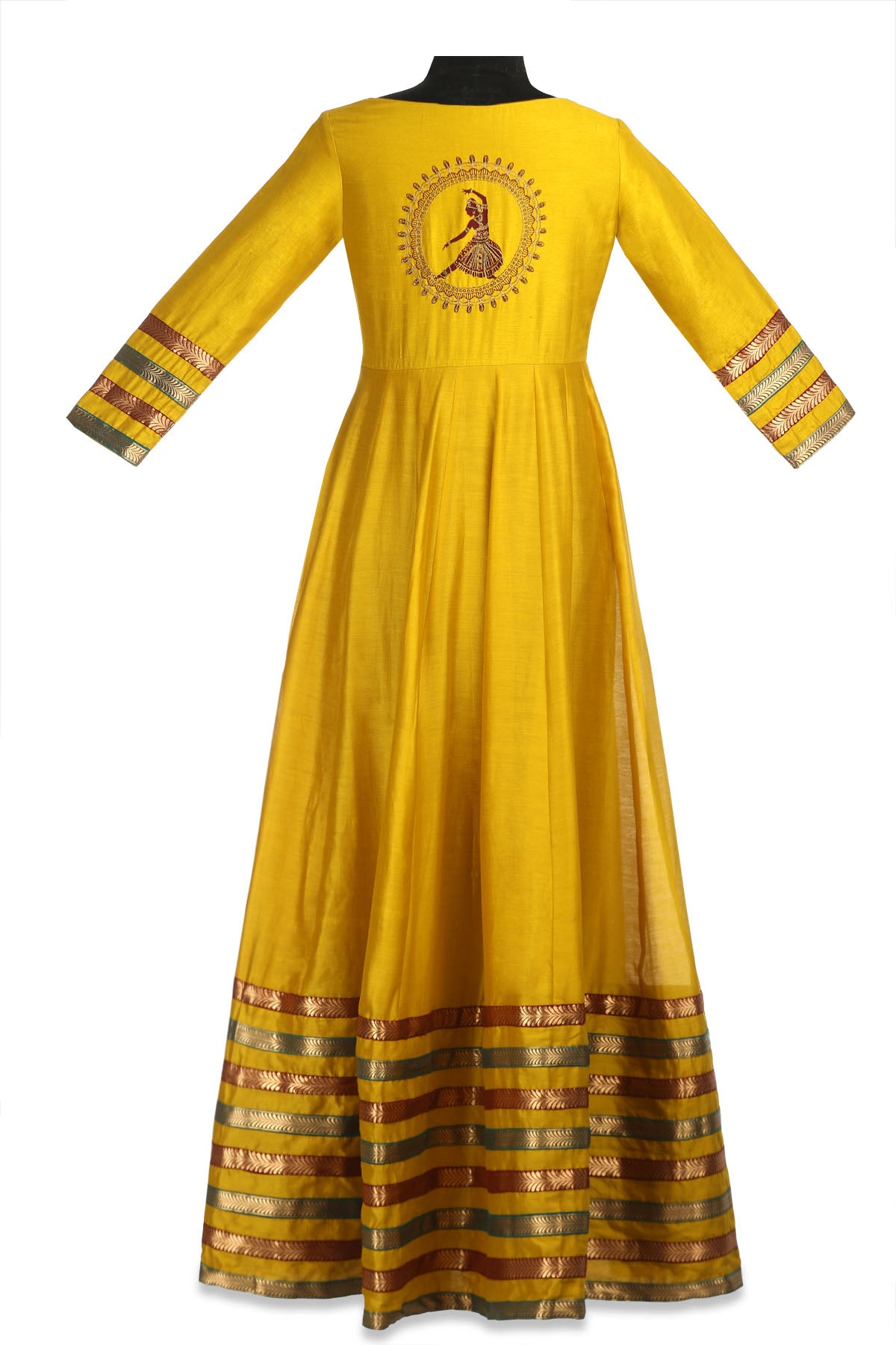 Shop beautiful yellow embroidered chanderi Anarkali online in USA with lace borders. Shine at weddings and special occasions with beautiful Indian designer Anarkali suits, traditional salwar suits, sharara suits, designer lehengas from Pure Elegance Indian clothing store in USA.-back