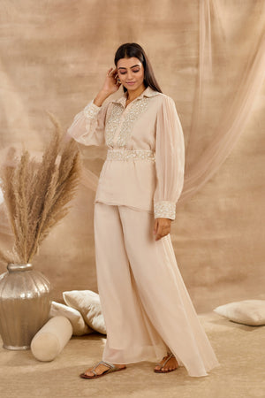 Buy Chalk Embroidered Organza Tunic with Trousers Online in USA – Pure  Elegance