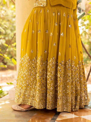 Buy beautiful corn yellow embroidered georgette sharara suit online in USA. Dazzle on weddings and special occasions with exquisite Indian designer dresses, palazzo suits, Anarkali suits, wedding lehengas from Pure Elegance Indian fashion store in USA.-sharara