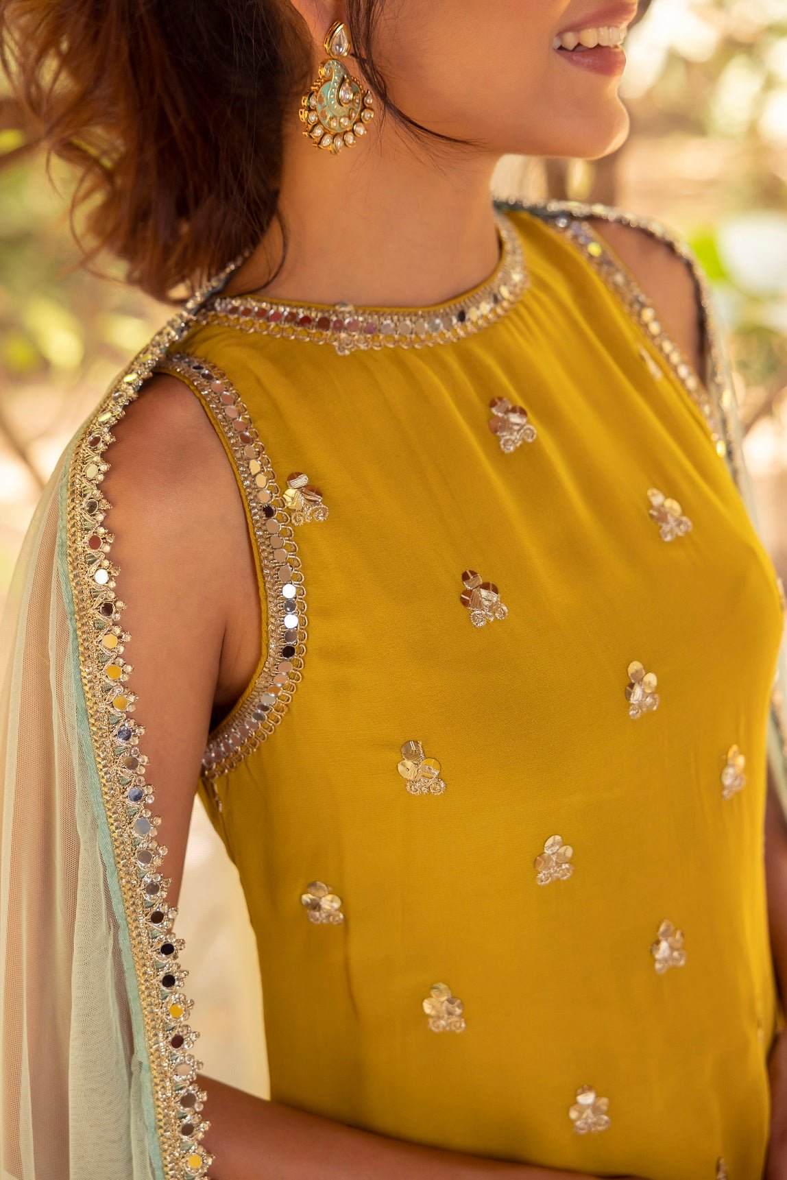 Buy beautiful corn yellow embroidered georgette sharara suit online in USA. Dazzle on weddings and special occasions with exquisite Indian designer dresses, palazzo suits, Anarkali suits, wedding lehengas from Pure Elegance Indian fashion store in USA.-closeup