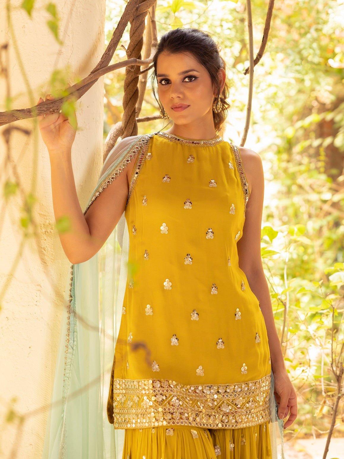 Buy beautiful corn yellow embroidered georgette sharara suit online in USA. Dazzle on weddings and special occasions with exquisite Indian designer dresses, palazzo suits, Anarkali suits, wedding lehengas from Pure Elegance Indian fashion store in USA.-front