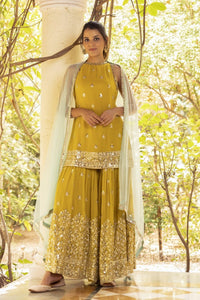 Buy beautiful corn yellow embroidered georgette sharara suit online in USA. Dazzle on weddings and special occasions with exquisite Indian designer dresses, palazzo suits, Anarkali suits, wedding lehengas from Pure Elegance Indian fashion store in USA.-full view