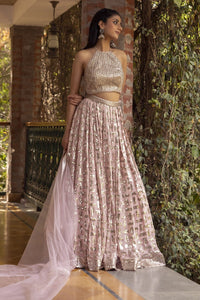 Shop stunning baby pink halter neck lehenga online in USA with dupatta. Dazzle on weddings and special occasions with exquisite Indian designer dresses, palazzo suits, Anarkali suits, wedding lehengas from Pure Elegance Indian fashion store in USA.-full view