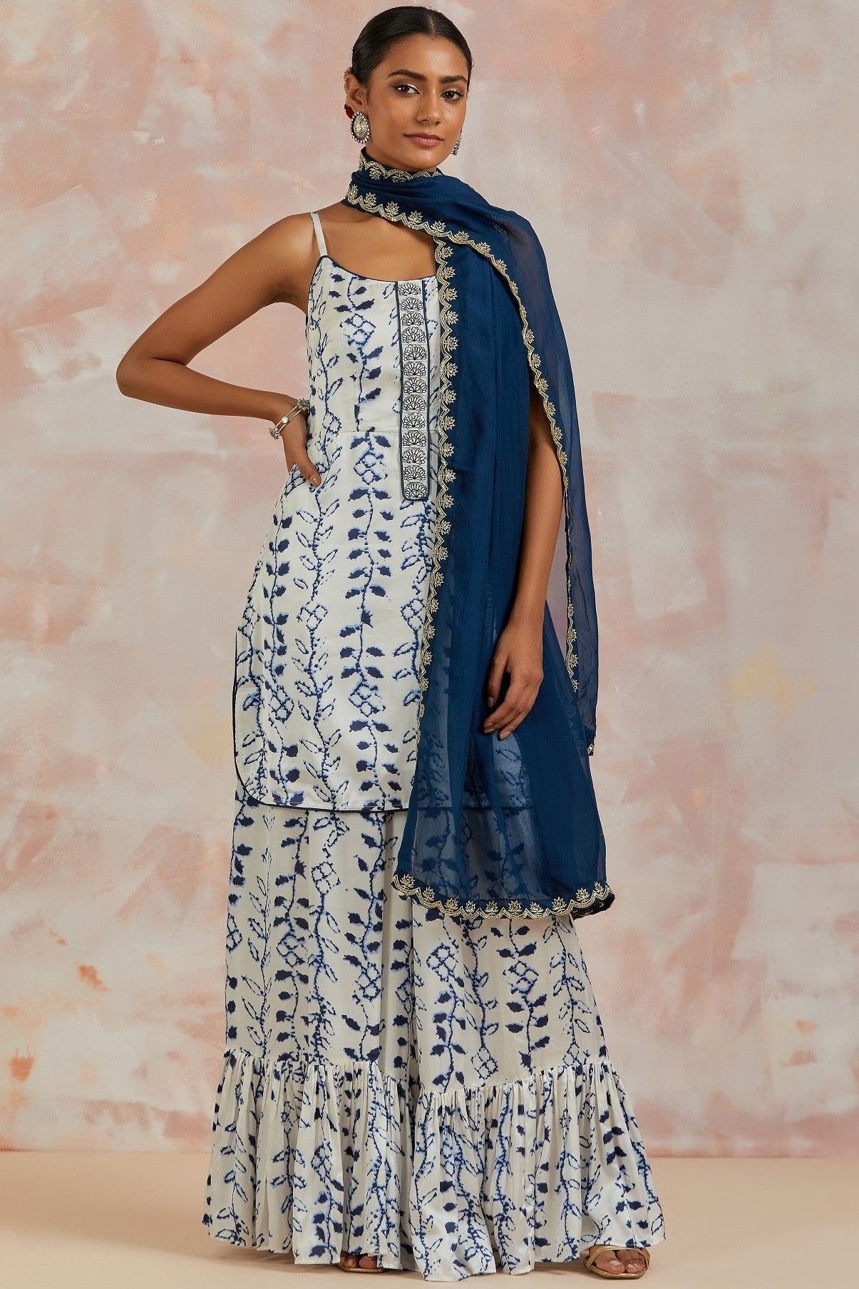 Buy White and Blue Modal Satin Printed Sharara Suit Online in USA