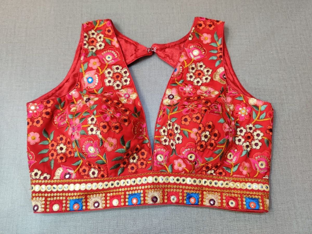 50w151-RO - Red Blouse With Beautiful Floral Embroidery
