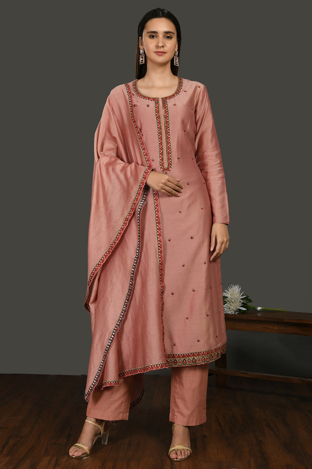 Shop pink embroidered chanderi suit online in USA with dupatta. Dazzle on weddings and special occasions with exquisite Indian designer dresses, sharara suits, Anarkali suits, wedding lehengas from Pure Elegance Indian fashion store in USA.-full view