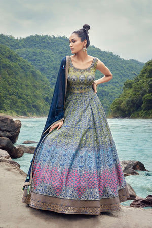 Ochre Designer Georgette Anarkali Suit Set With Dupatta Online