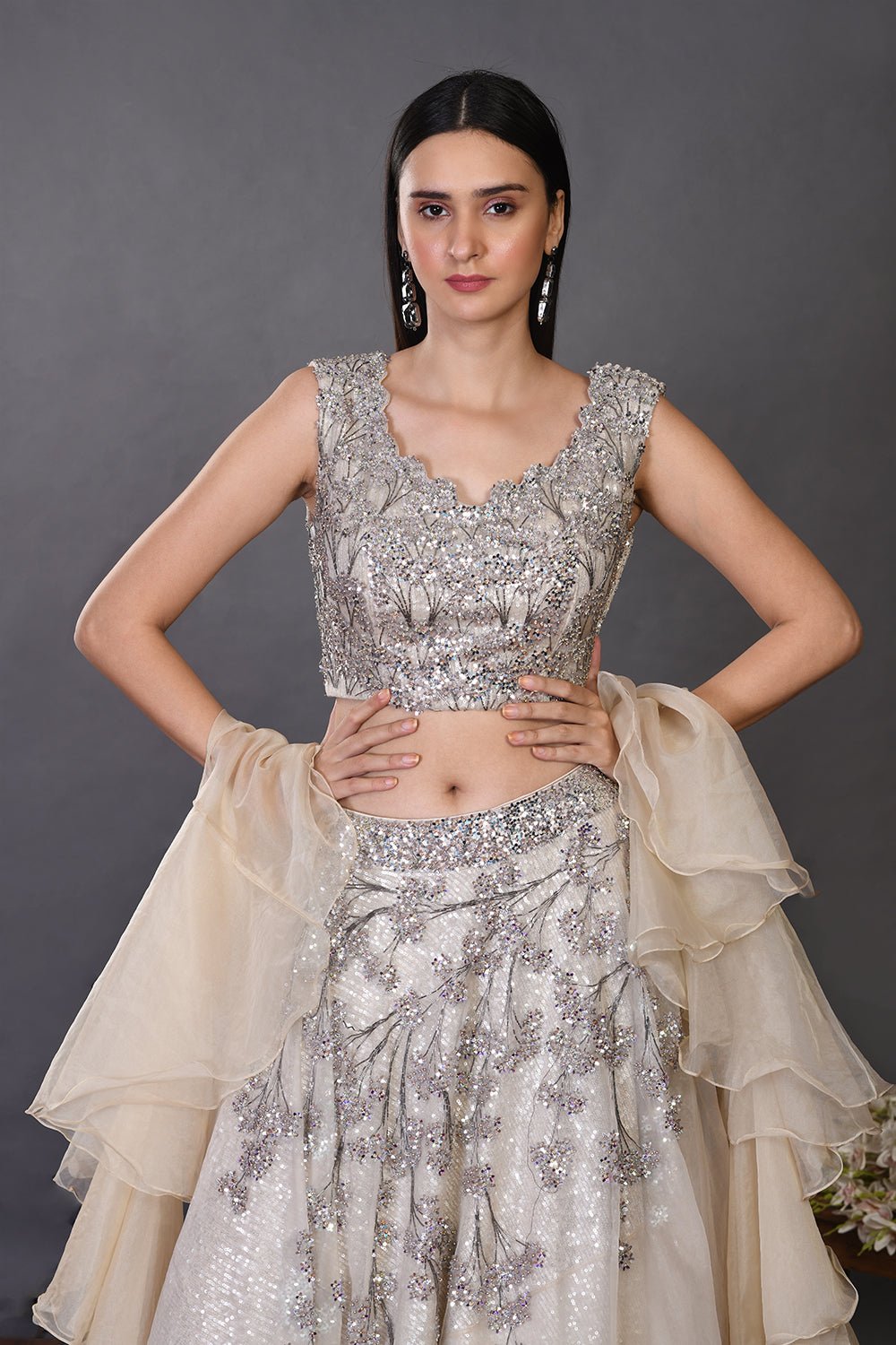 30Z128-RO  Off-white Organza Lehenga with Ruffle Dupatta