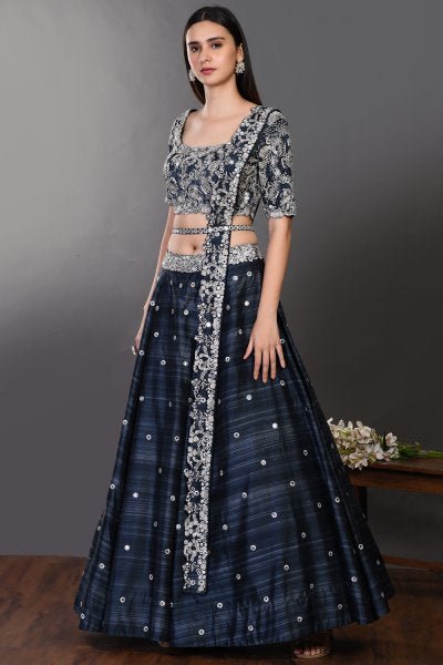 Buy Grey and Navy Blue Silk Designer A Line Lehenga Choli Online