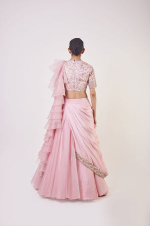 30Z103-RO Pink organza Lehenga with ruffle dupatta