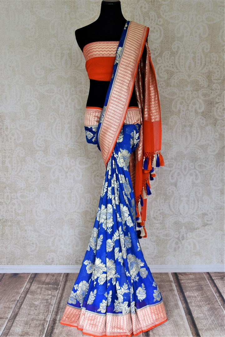 Indigo Blue Linen Saree – Ikkat Door