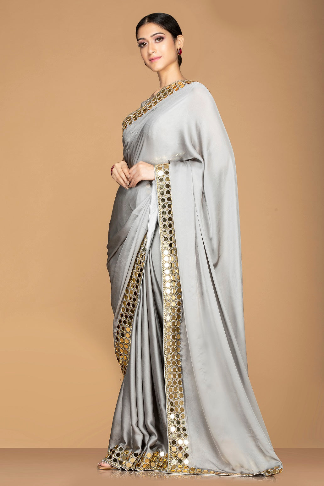 Buy Online Light Grey Saree with Embroidered Border and Saree