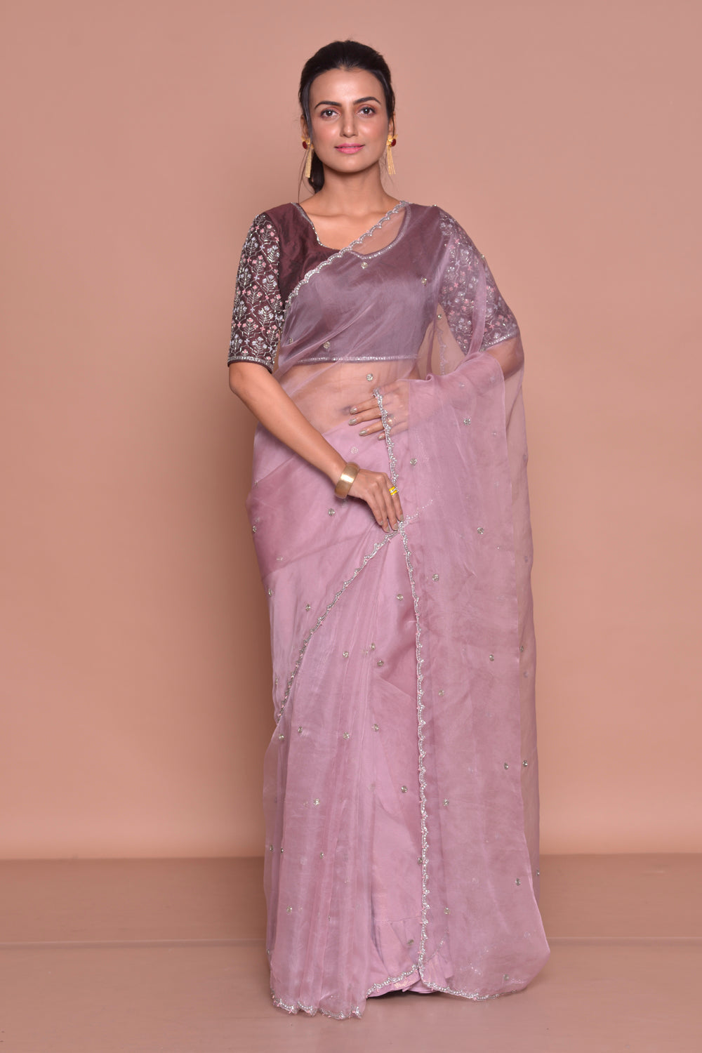 Shop gorgeous lilac embroidered sheer saree online in USA with embroidered saree blouse. Be occasion ready with exquisite range of designer sarees with blouse, bridal sarees from Pure Elegance Indian boutique in USA.-full view