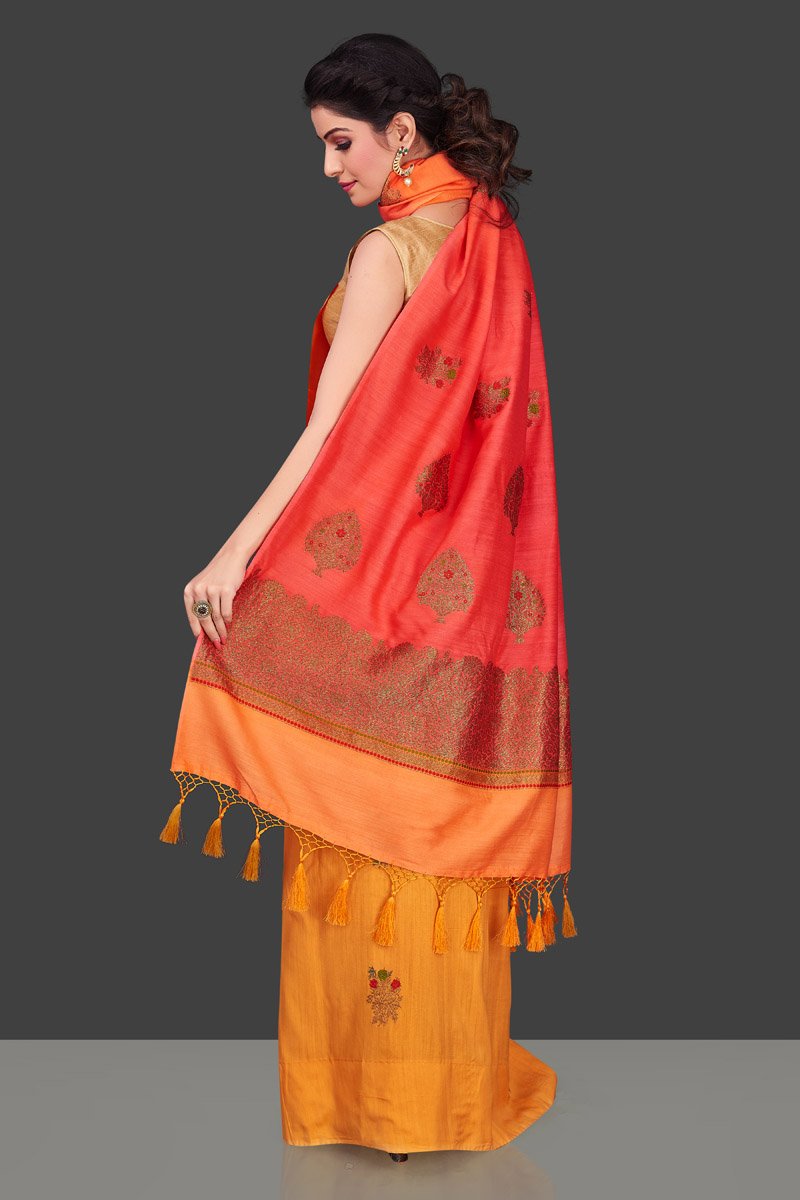 Shop stunning orange and yellow borderless muga Benarasi saree online in USA with antique zari buta. Shop beautiful Banarasi sarees, georgette sarees, pure muga silk sarees in USA from Pure Elegance Indian fashion boutique in USA. Get spoiled for choices with a splendid variety of Indian saris to choose from! Shop now.-back