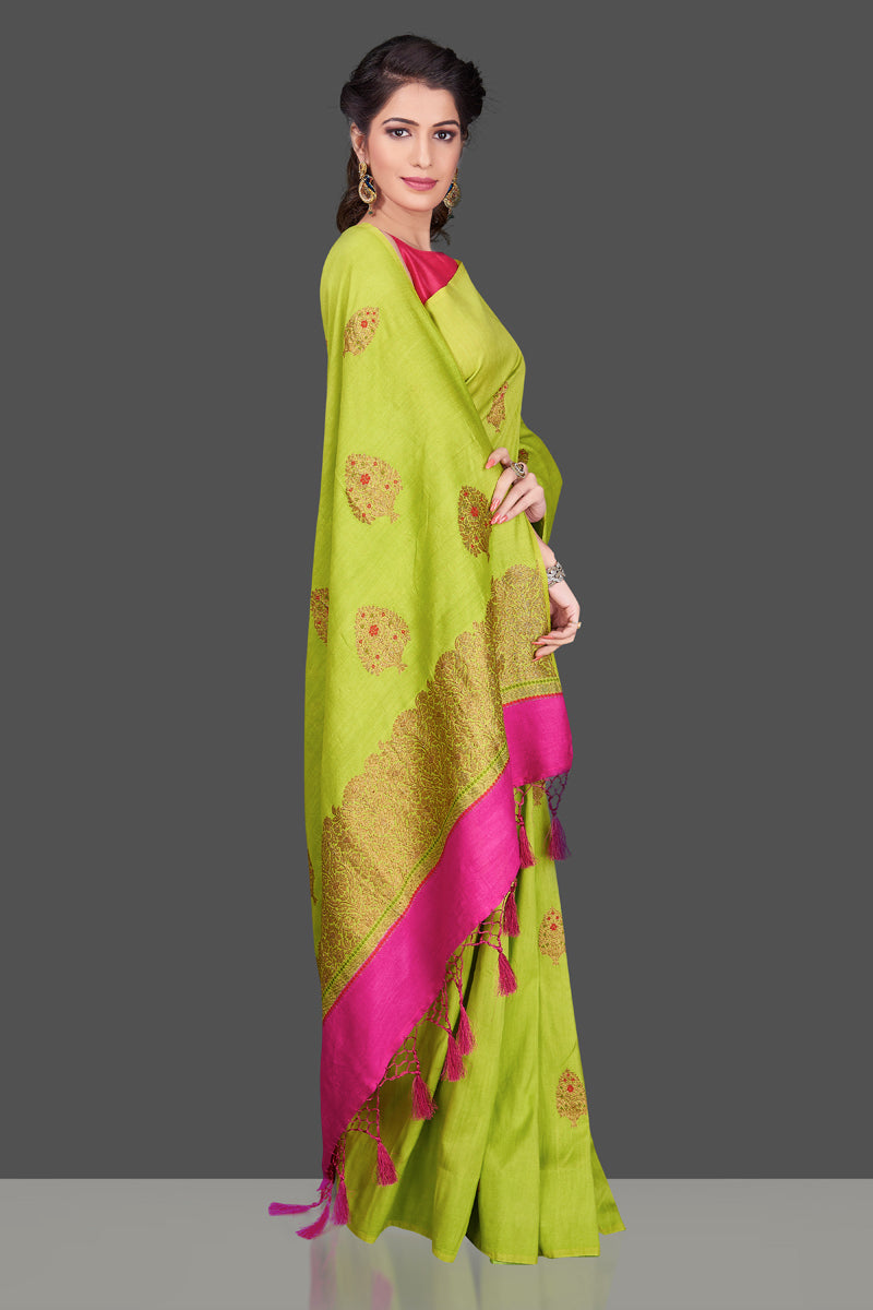 Shop pista green borderless muga Benarasi sari online in USA with zari buta. Shop beautiful Banarasi sarees, georgette sarees, pure muga silk sarees in USA from Pure Elegance Indian fashion boutique in USA. Get spoiled for choices with a splendid variety of Indian saris to choose from! Shop now.-side