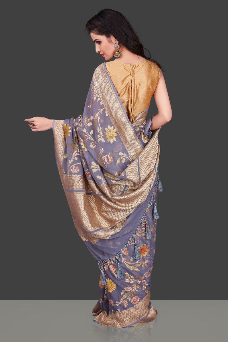 Shop grey georgette Benarasi saree online in USA with floral zari jaal. Shop beautiful Banarasi georgette sarees, tussar sarees, pure muga silk sarees in USA from Pure Elegance Indian fashion boutique in USA. Get spoiled for choices with a splendid variety of Indian sarees to choose from! Shop now.-back