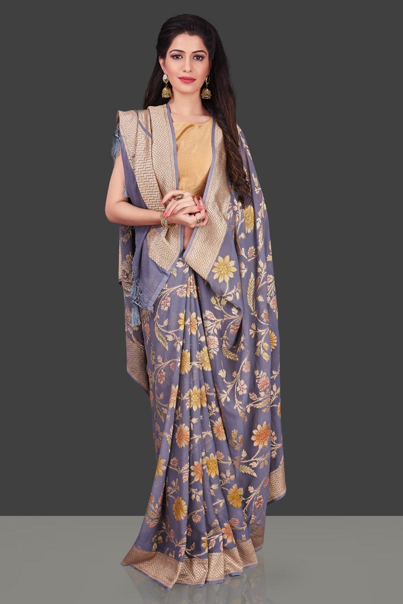 Shop grey georgette Benarasi saree online in USA with floral zari jaal. Shop beautiful Banarasi georgette sarees, tussar sarees, pure muga silk sarees in USA from Pure Elegance Indian fashion boutique in USA. Get spoiled for choices with a splendid variety of Indian sarees to choose from! Shop now.-front