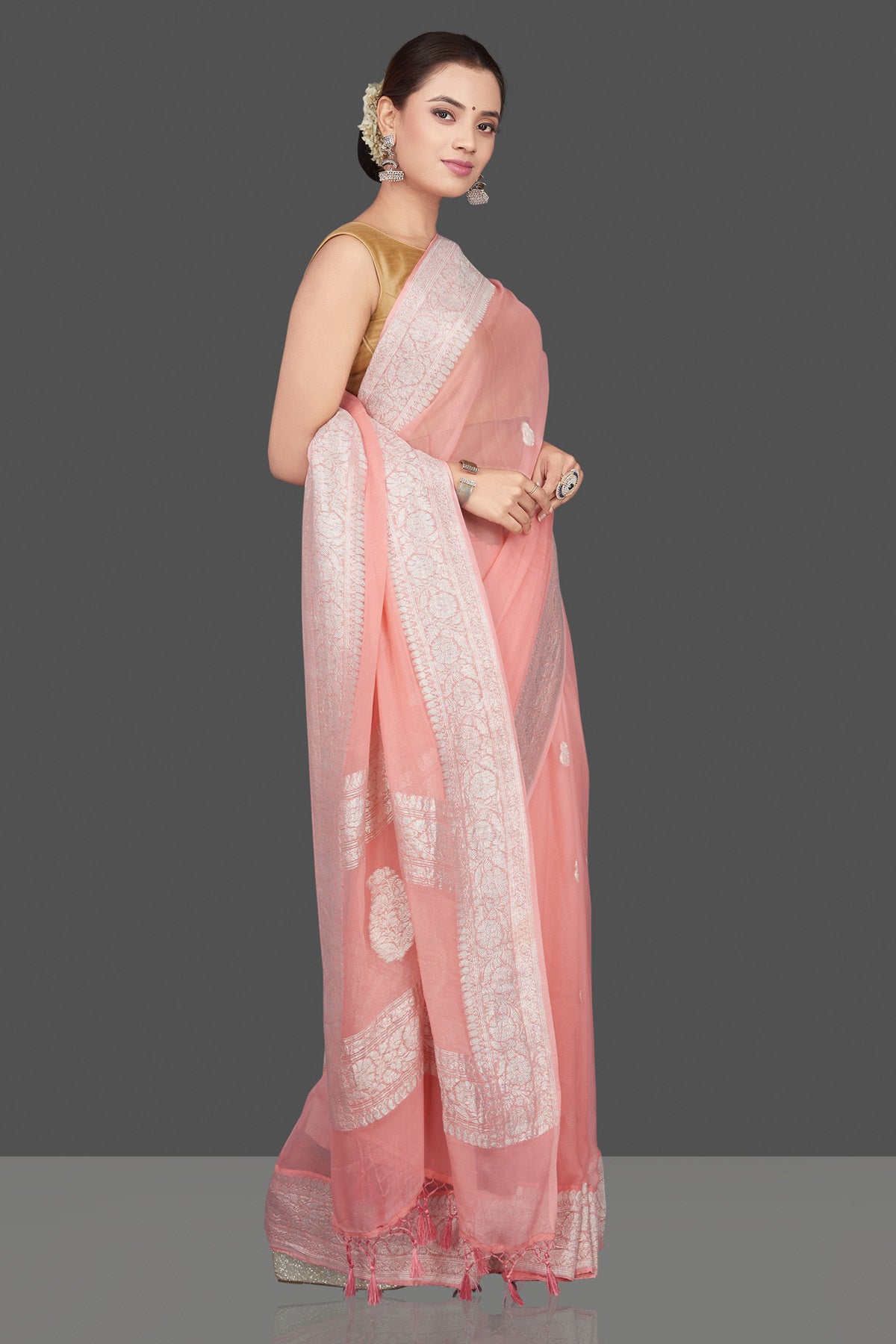 90K660-RO Blush Pink Georgette Chiffon Sari with Silver Zari Border