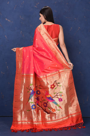 Buy Rajsi~ Exclusive Handloom Pure Silk Half Over Paithani Muniya Border  Saree WIth Handcrafted Peacock Pallu in Peach - Very Much Indian –  verymuchindian.com